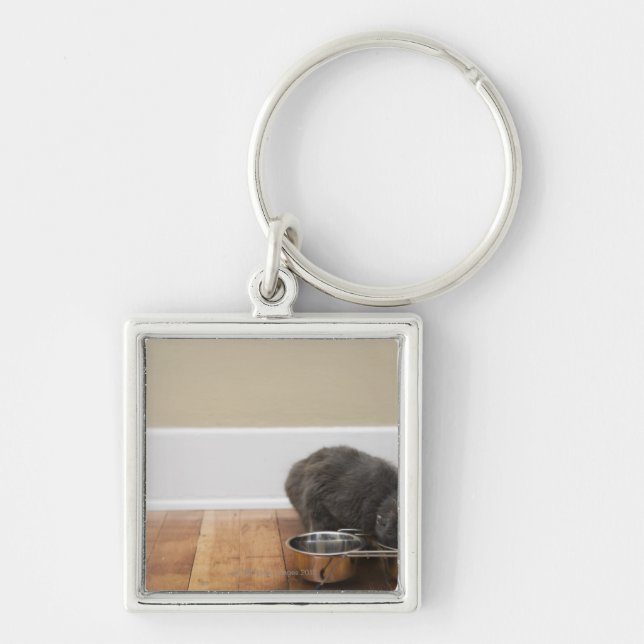 Cat eating from bowl key ring (Front)