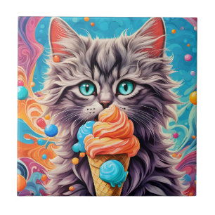 Cat Eating Ice Cream Cone Funny Kitten Cat 779 Tile