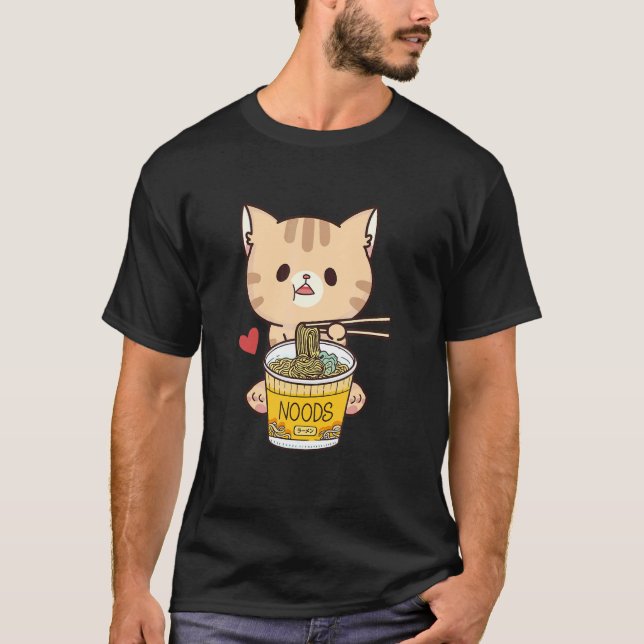 Cat Eating Japanese Udon Soup Noodles Food Udon T-Shirt (Front)
