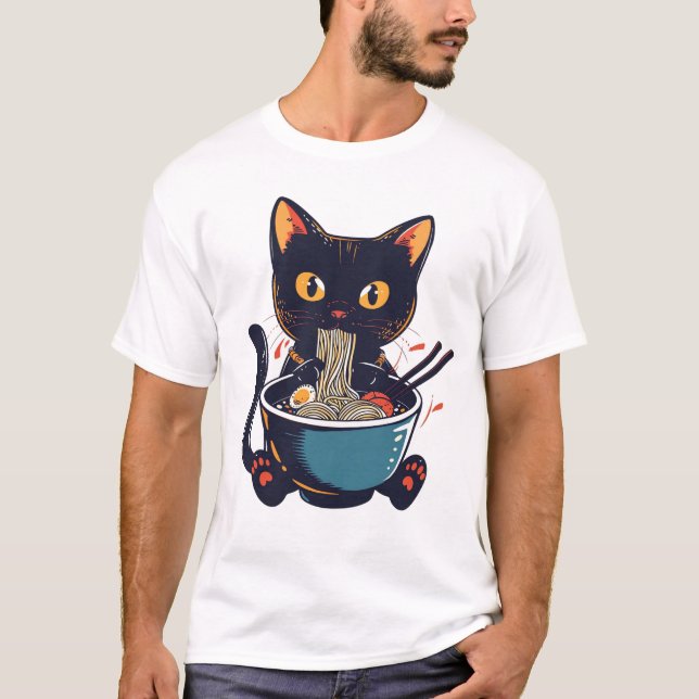 Cat Eating Noodles Funny Ironic Goofy Shirt (Front)
