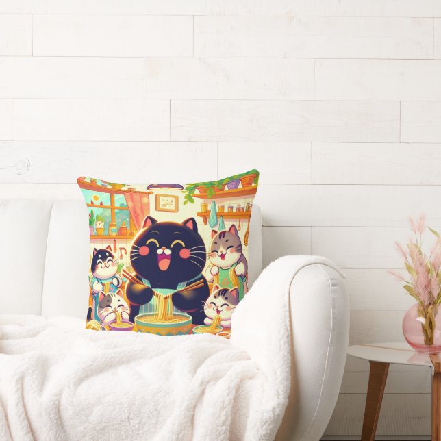 Cat eating Noodles soup and friends Cushion (Couch)