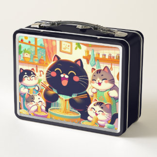 Cat eating Noodles soup with friends Metal Lunch Box