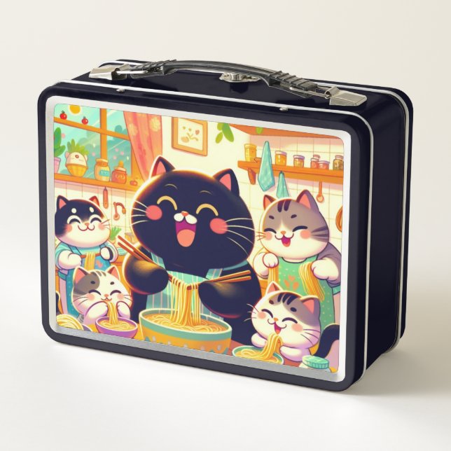 Cat eating Noodles soup with friends Metal Lunch Box (Back)