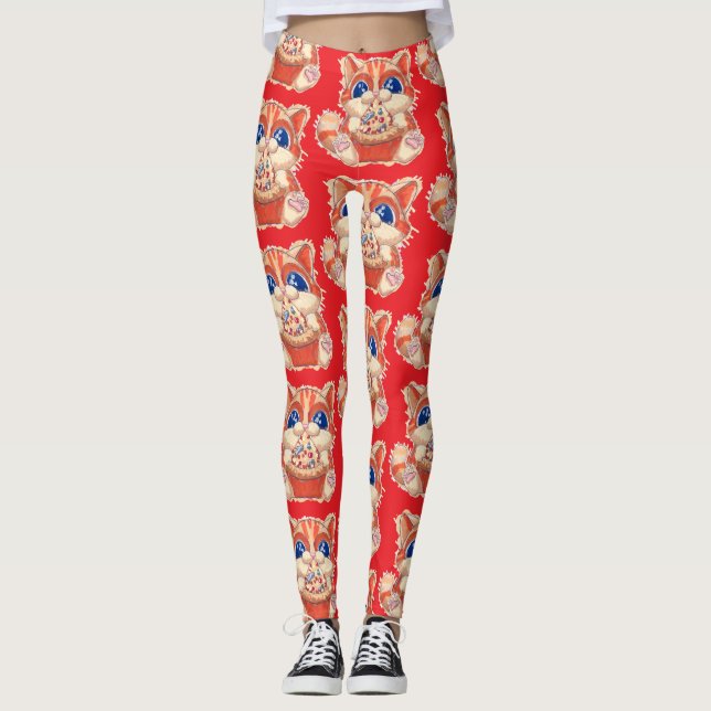 Cat Eating Pizza colour Leggings (Front)