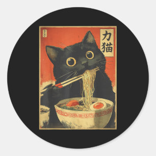 Cat Eating Ramen Funny Japanese Kawaii Cat Anime L Classic Round Sticker