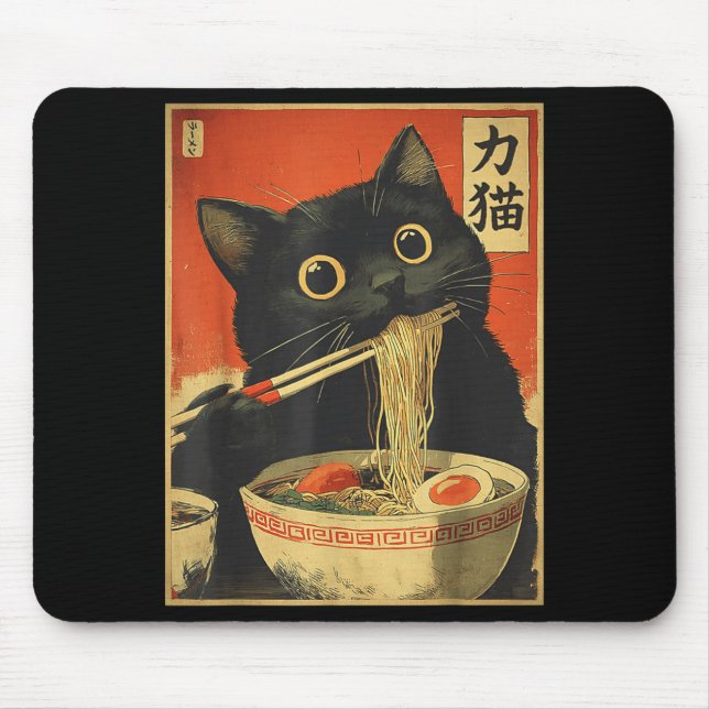 Cat Eating Ramen Funny Japanese Kawaii Cat Anime L Mouse Mat (Front)