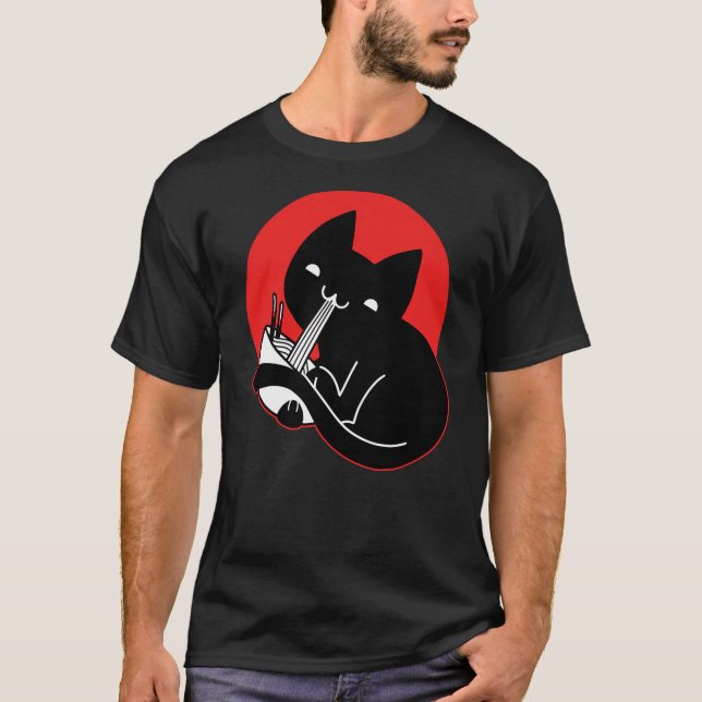 Cat Eating Ramen Graphic Logo Kawaii Japan Japanes T-Shirt (Front)