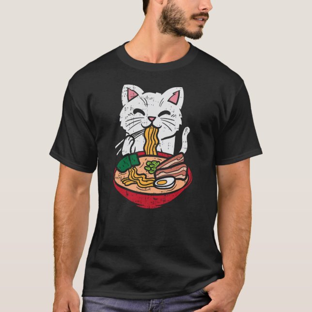 Cat Eating Ramen Kawaii Japanese Noodles Anime Foo T-Shirt (Front)