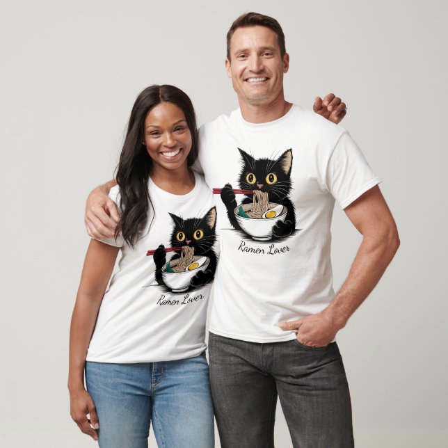 Cat Eating Ramen Noodles Funny T-Shirt (Unisex)