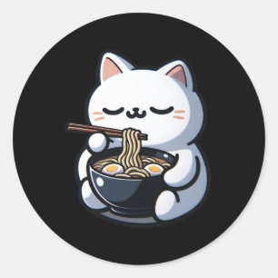 Cat Eating Ramen Noodles Kawaii Anime Japanese Cut Classic Round Sticker