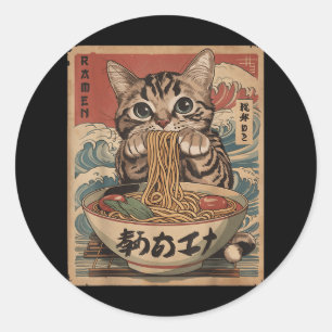 Cat Eating Ramen Noodles Kawaii Anime Manga Japane Classic Round Sticker