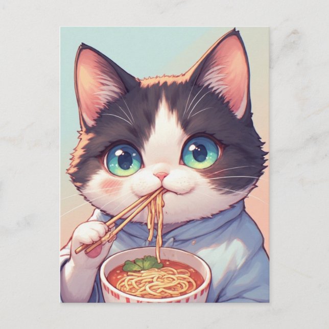 CAT EATING RAMEN NOODLES POSTCARD (Front)