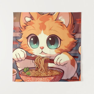 Cat Eating Ramen Noodles Tapestry
