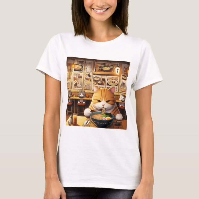 Cat Eating Ramen v1 T-Shirt (Front)