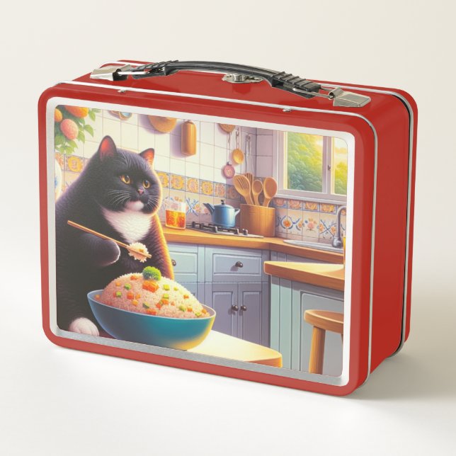 Cat eating rice fried in a kitchen Metal Lunchbox (Back)