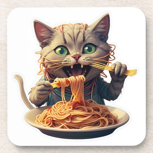 Cat Eating Spaghetti Coaster (Front)