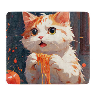 Cat eating spaghetti cutting board