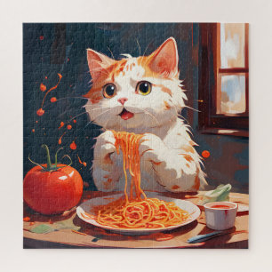 Cat eating spaghetti jigsaw puzzle