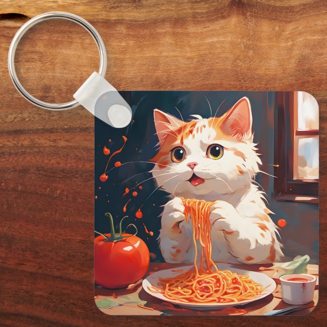 Cat eating spaghetti key ring (Front)