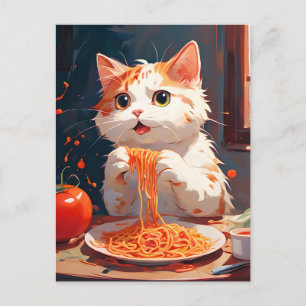 Cat eating spaghetti postcard