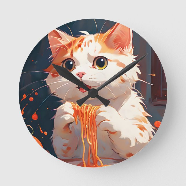 Cat eating spaghetti round clock (Front)