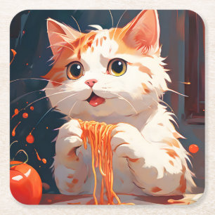 Cat eating spaghetti square paper coaster