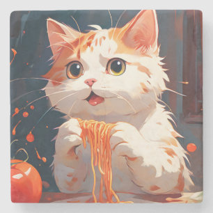 Cat eating spaghetti stone coaster