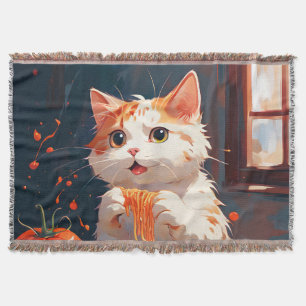 Cat eating spaghetti throw blanket