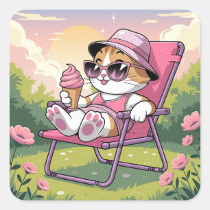 Cat eating summer ice-cream  square sticker