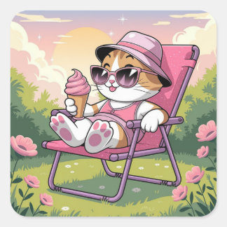 Cat eating summer ice-cream  square sticker