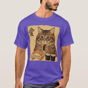 Cat Eating Sushi Funny Japanese Art Vintage Style T-Shirt