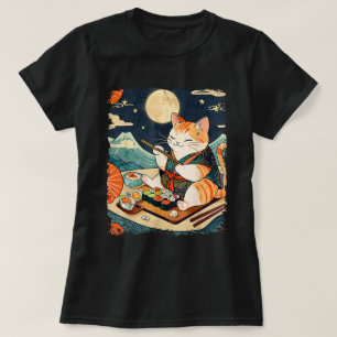 Cat Eating Sushi Japanese Anime Kawaii Cat Ukiyo-E T-Shirt