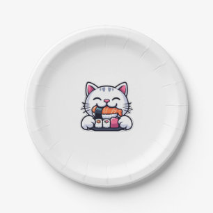 Cat eating sushi paper plate