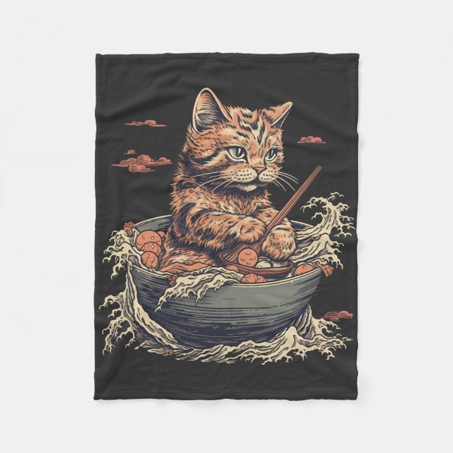 cat eats Ramen, Wave of Kanawaga Fleece Blanket (Front)