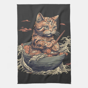 cat eats Ramen, Wave of Kanawaga Tea Towel