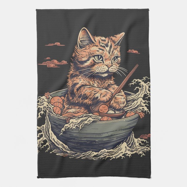 cat eats Ramen, Wave of Kanawaga Tea Towel (Vertical)