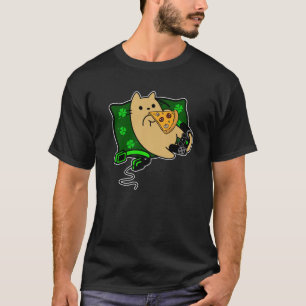 Cat Eatting Pizza And Chilling On Green Pillow T-Shirt