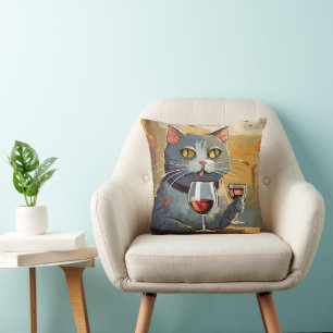 Cat Enjoying Wine Pillow! Cushion