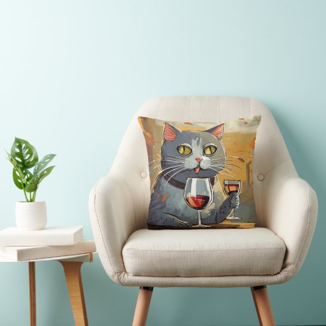 Cat Enjoying Wine Pillow! Cushion (Chair)