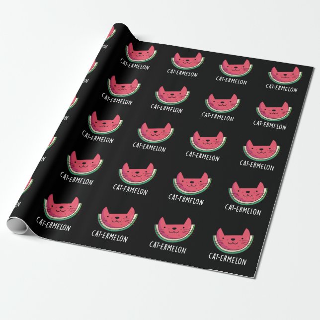 Cat-ermelon Funny Cat Watermelon Pun Dark BG Wrapping Paper (Unrolled)