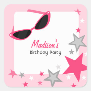 Cat Eye Sunglasses & Stars Pink Birthday Party Square Sticker