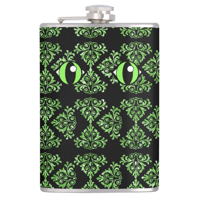 Cat Eyes Green Damask Vinyl Wrapped Flask (Front)
