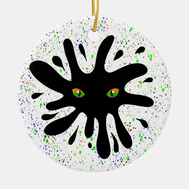 Cat Eyes looking out a Black Blob Christmas Ceramic Tree Decoration (Front)