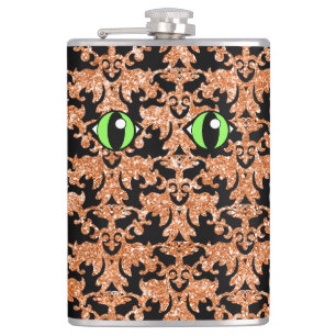 Cat Eyes, Orange Damask Vinyl Wrapped Flask