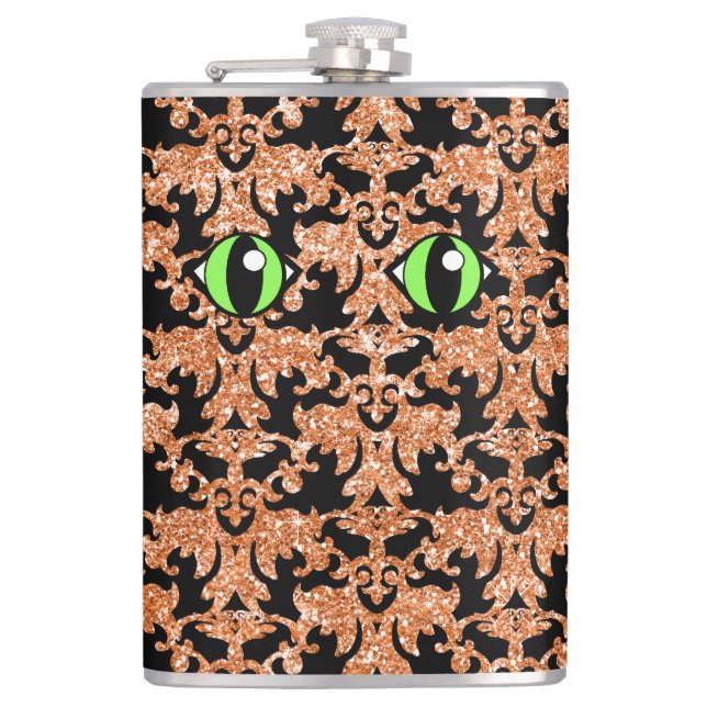 Cat Eyes, Orange Damask Vinyl Wrapped Flask (Front)