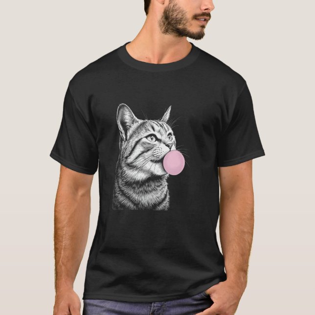 Cat Face Chewing Bubble Gum, Funny Cute Black T-Shirt (Front)