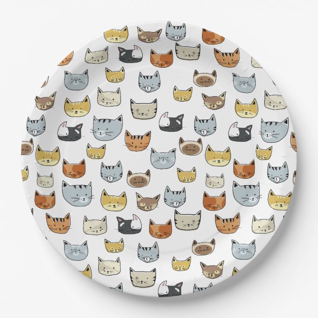 Cat Face Doodle Pattern Paper Plate (Front)