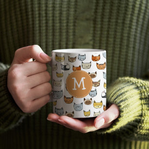 Cat Face Doodle Pattern with Monogram Coffee Mug