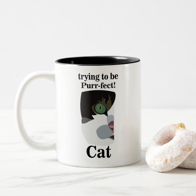 Cat Face Funny Two-Tone Coffee Mug (With Donut)