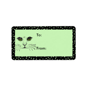 Cat Face Green Eyes Black Polka Dot Border Label